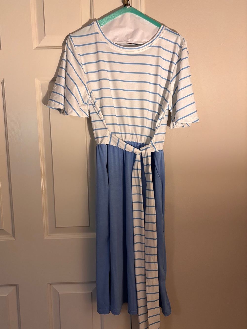 Striped Blue & White Tie-Waist Casual Dress